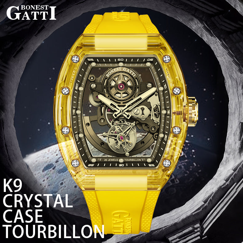 BONEST GATTI Tourbillon K9 Crystal Transparent Case Tonneau watch Skeleton Movement  Watch Fluororubber Strap BG7001