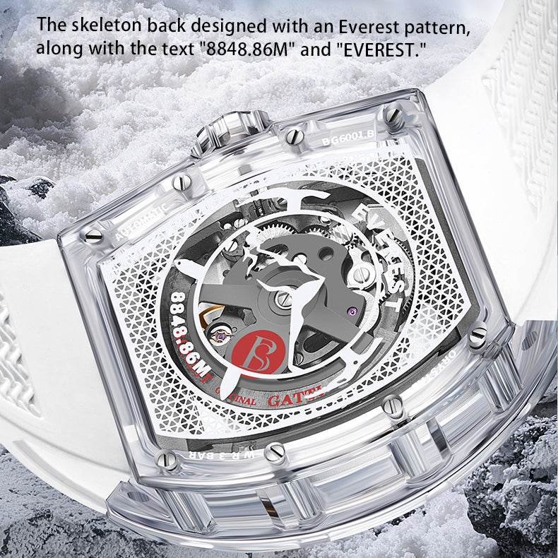BONEST GATTI Crystal Case 3D MOUNTAIN MOUNTEVEREST Tonneau shaped Skeleton Movement K9 Crystal Case Fluororubber Strap Watch Luminous GB6001