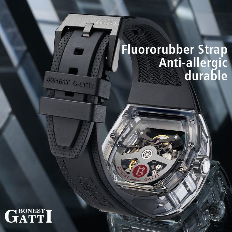 BONEST GATTI Barrel shaped Skeleton Movement Synthetic Sapphire Fluororubber Strap Watch Luminous BG9960