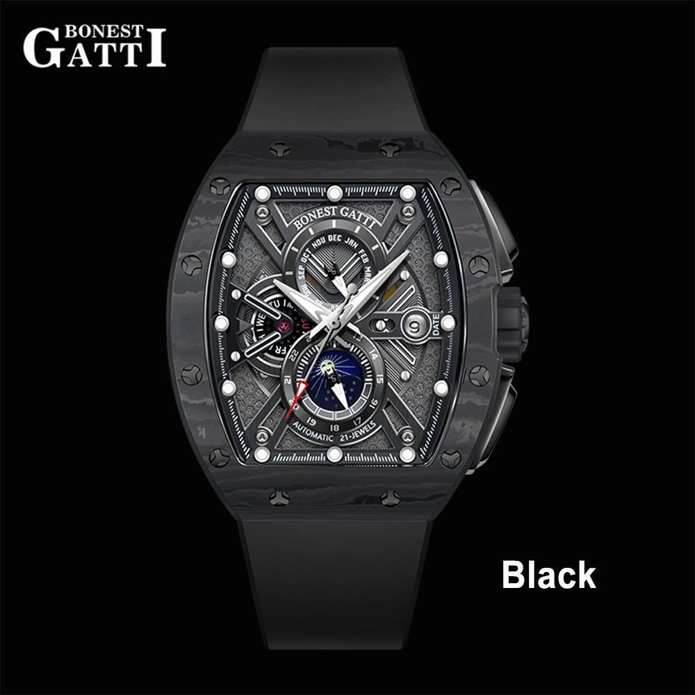 BONEST GATTI Automatic Tonneau Watch Carbon Fiber Month Week Date Display Skeleton Self Wind Movement Sapphire Crystal Luminous Watch BG9007