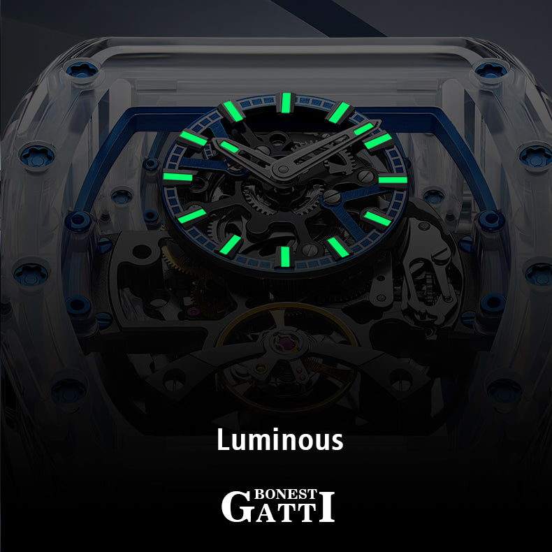 BONEST GATTI Barrel shaped Skeleton Movement Synthetic Sapphire Fluororubber Strap Watch Luminous BG9960