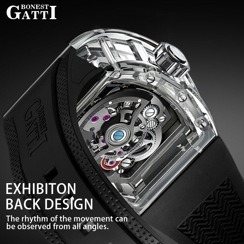 BONEST GATTI Tourbillon K9 Crystal Transparent Case Tonneau watch Skeleton Movement  Watch Fluororubber Strap BG7001