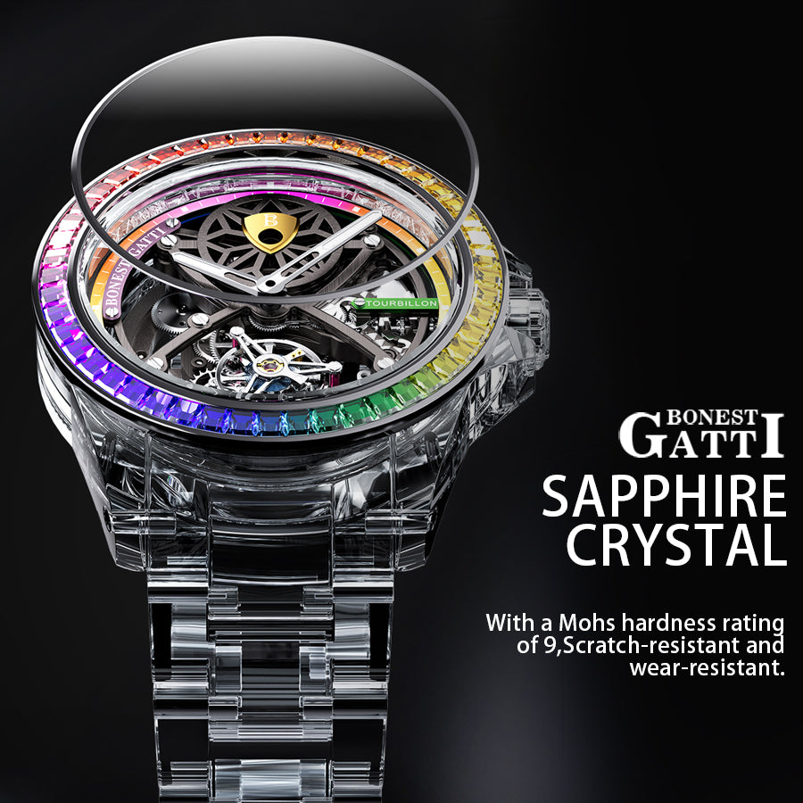 BONEST GATTI Automatic Tourbillon Movement transparent K9 cryatal Case Skeleton Dial Sapphire Crystal Rainbow Bezel K9 CRYATL Bracelet 3ATM Waterproof Luminous BG7002