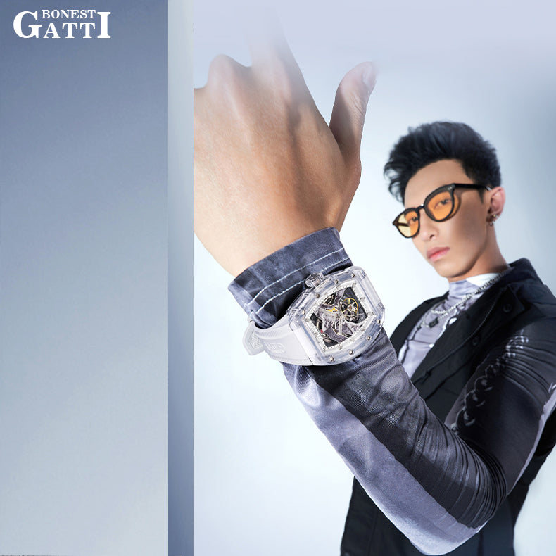 BONEST GATTI Crystal Case 3D MOUNTAIN MOUNTEVEREST Tonneau shaped Skeleton Movement K9 Crystal Case Fluororubber Strap Watch Luminous GB6001