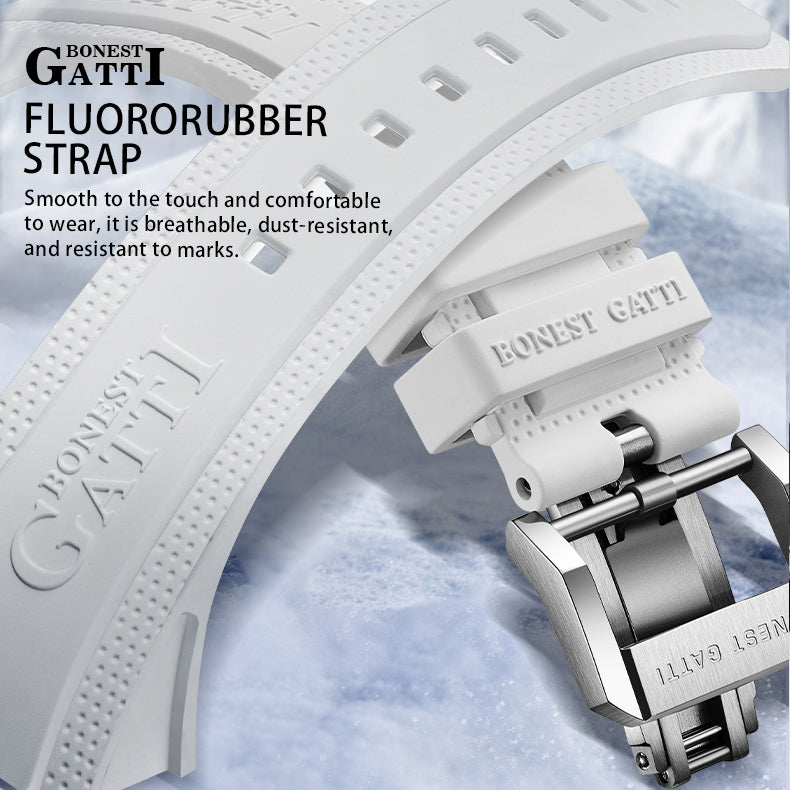BONEST GATTI Crystal Case 3D MOUNTAIN MOUNTEVEREST Tonneau shaped Skeleton Movement K9 Crystal Case Fluororubber Strap Watch Luminous GB6001