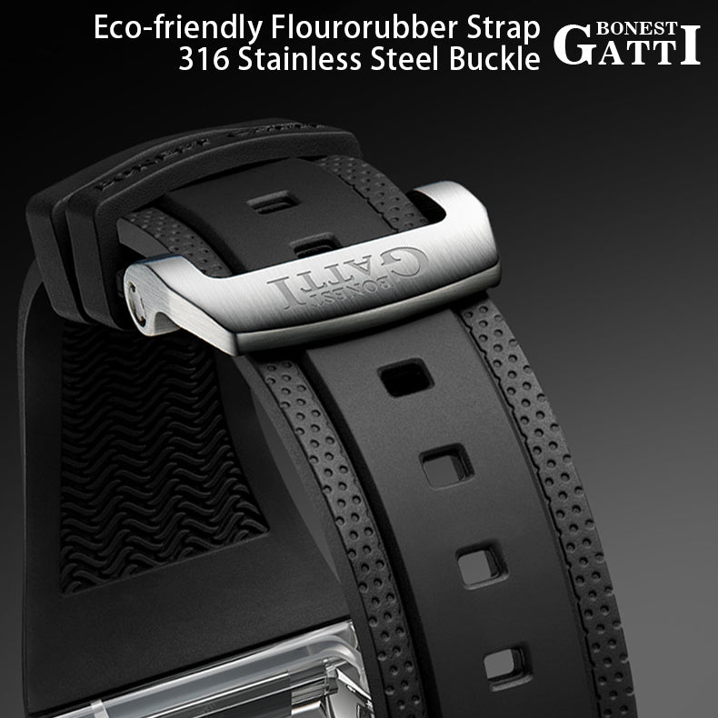 BONEST GATTI Tourbillon K9 Crystal Transparent Case Tonneau watch Skeleton Movement  Watch Fluororubber Strap BG7001