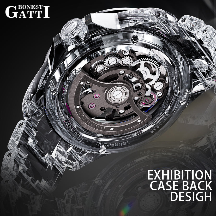 BONEST GATTI Automatic Tourbillon Movement transparent K9 cryatal Case Skeleton Dial Sapphire Crystal Rainbow Bezel K9 CRYATL Bracelet 3ATM Waterproof Luminous BG7002