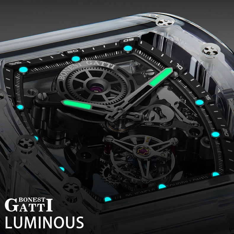 BONEST GATTI Tourbillon K9 Crystal Transparent Case Tonneau watch Skeleton Movement  Watch Fluororubber Strap BG7001