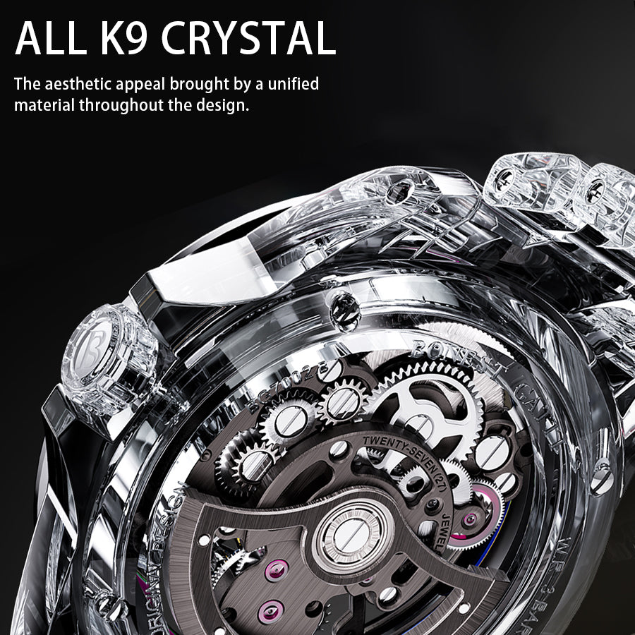 BONEST GATTI Automatic Tourbillon Movement transparent K9 cryatal Case Skeleton Dial Sapphire Crystal Rainbow Bezel K9 CRYATL Bracelet 3ATM Waterproof Luminous BG7002