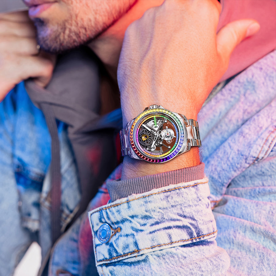 BONEST GATTI Automatic Tourbillon Movement transparent K9 cryatal Case Skeleton Dial Sapphire Crystal Rainbow Bezel K9 CRYATL Bracelet 3ATM Waterproof Luminous BG7002