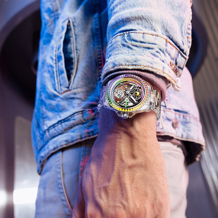 BONEST GATTI Automatic Tourbillon Movement transparent K9 cryatal Case Skeleton Dial Sapphire Crystal Rainbow Bezel K9 CRYATL Bracelet 3ATM Waterproof Luminous BG7002