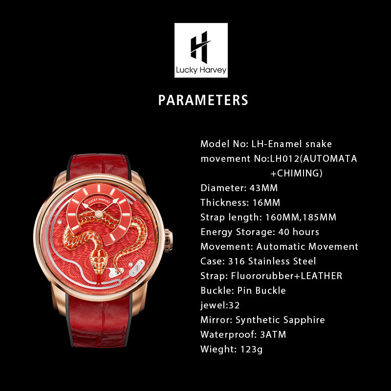 Lucky Harvey 2025 Red Enamel Snake Limited Edition Automata Chiming Mechanical New Watch for year of snake