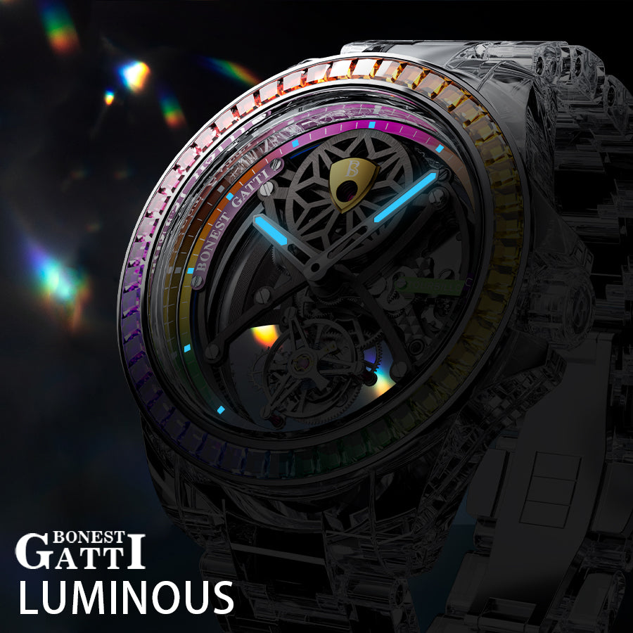 BONEST GATTI Automatic Tourbillon Movement transparent K9 cryatal Case Skeleton Dial Sapphire Crystal Rainbow Bezel K9 CRYATL Bracelet 3ATM Waterproof Luminous BG7002