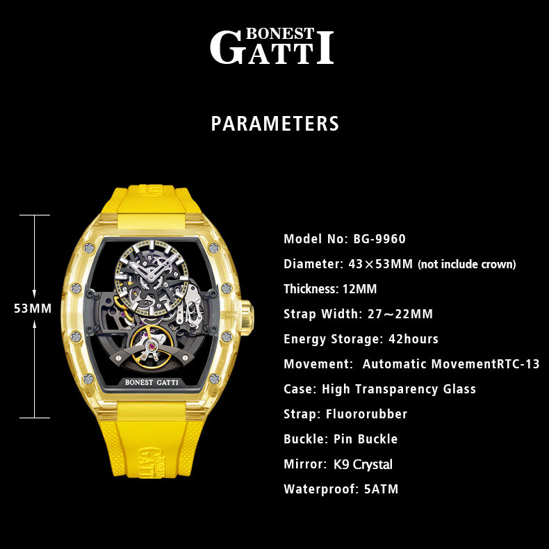 BONEST GATTI Barrel shaped Skeleton Movement Synthetic Sapphire Fluororubber Strap Watch Luminous BG9960