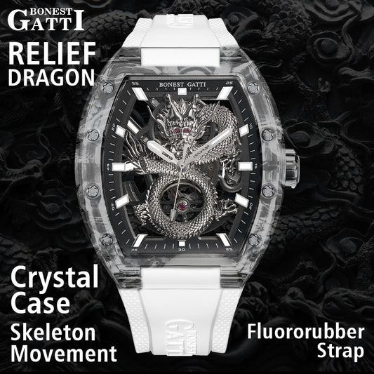 BONEST GATTI Crystal Case Dragon Barrel shaped Skeleton Movement K9 Crystal Case Fluororubber Strap Watch Luminous GB9980