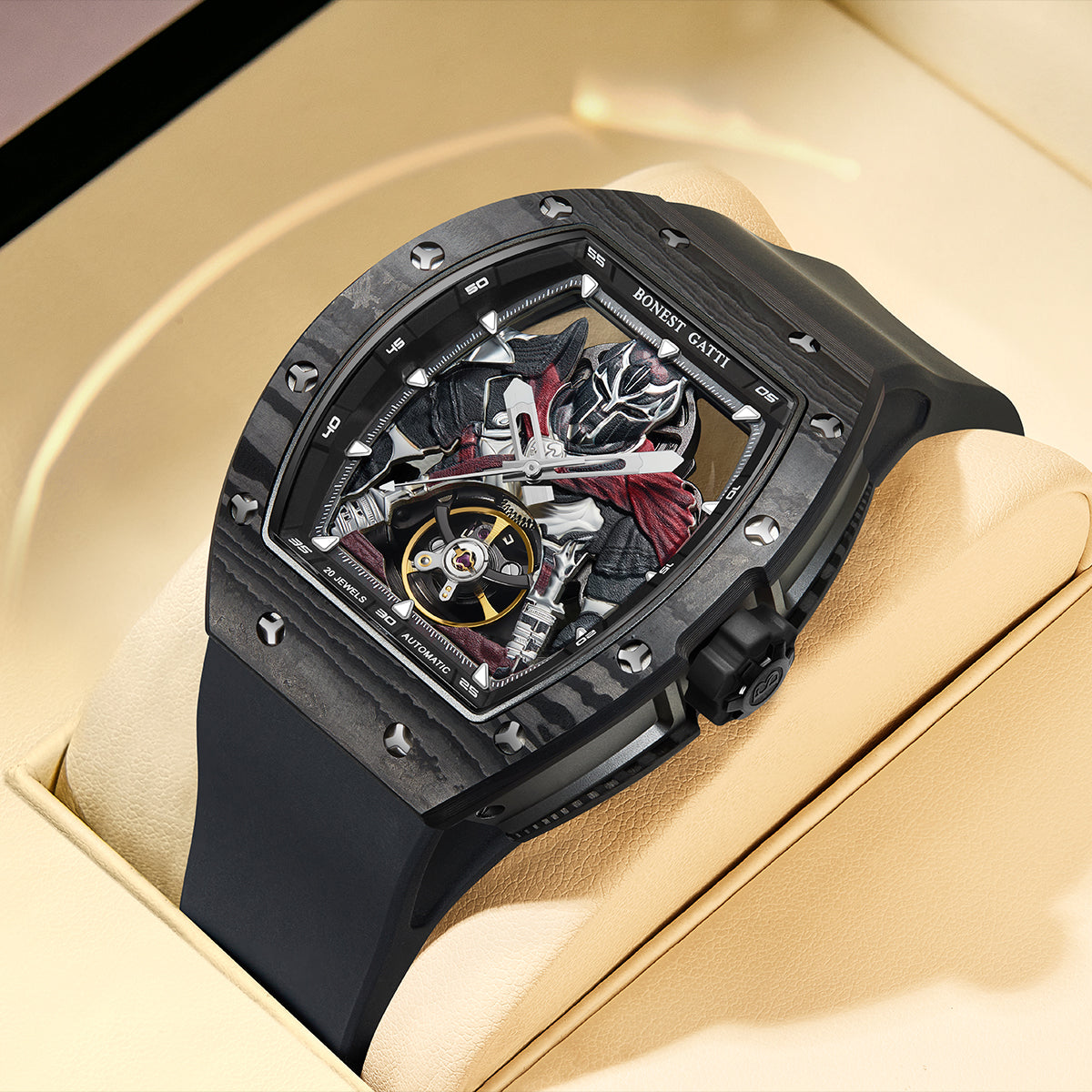 BONEST GATTI Automatic Tonneau Watch Spartan Warrior Series Carbon Fiber Skeleton Self Wind Movement Sapphire Crystal Luminous Watch BG9009