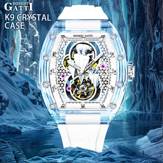 BONEST GATTI Crystal Case 3D Polar Bear Tonneau shaped Skeleton Movement K9 Crystal Case Fluororubber Strap Watch Luminous GB6002
