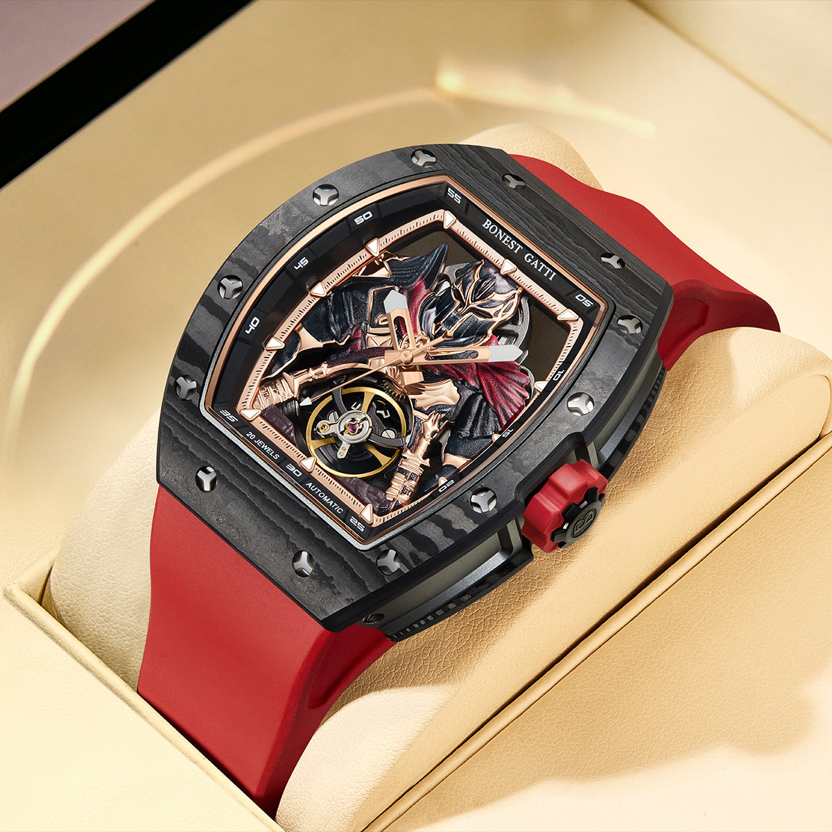 BONEST GATTI Automatic Tonneau Watch Spartan Warrior Series Carbon Fiber Skeleton Self Wind Movement Sapphire Crystal Luminous Watch BG9009