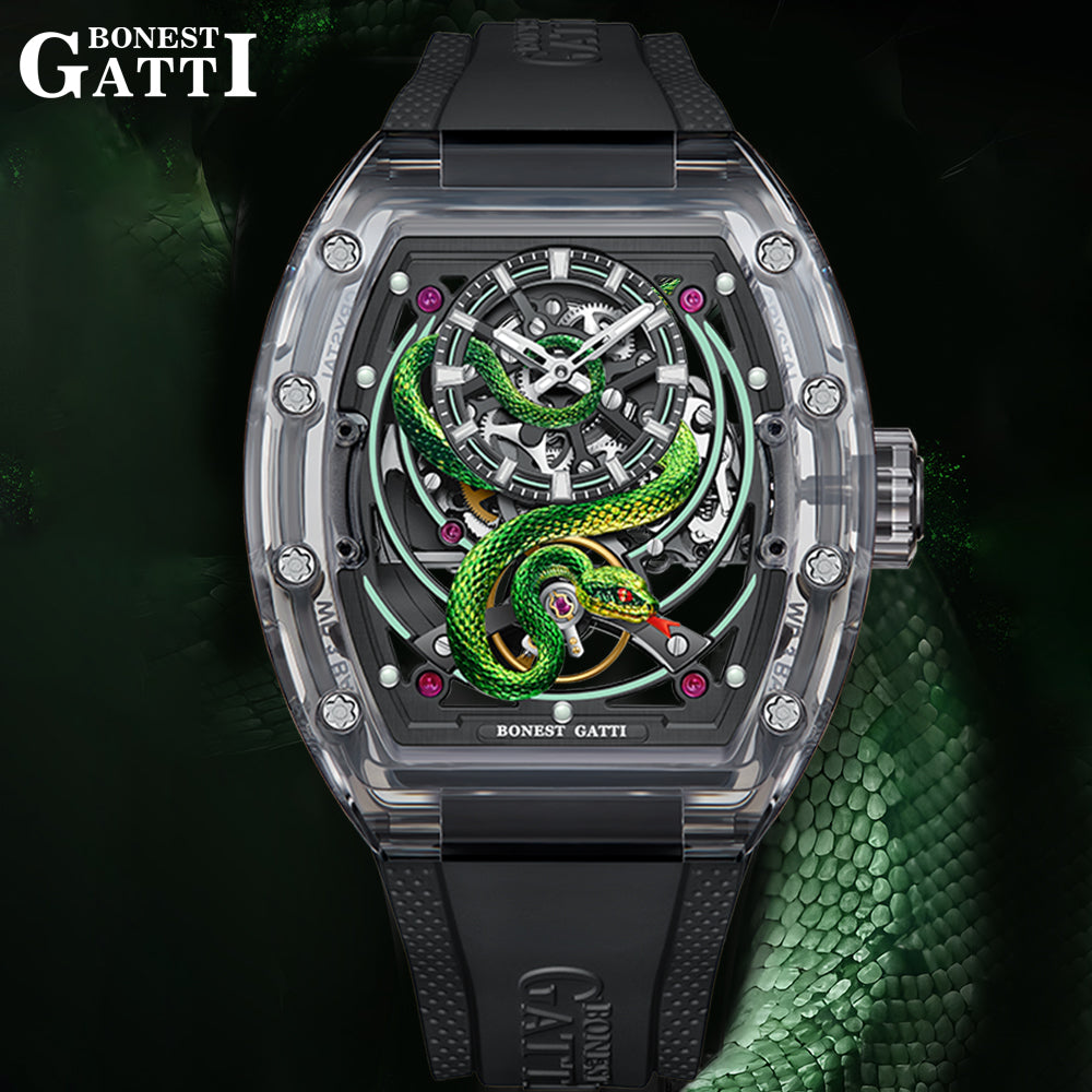 BONEST GATTI Transparent Tonneau Case 3D Snake Dial Skeleton Movement Fluororubber Strap Watch Luminous BG6004