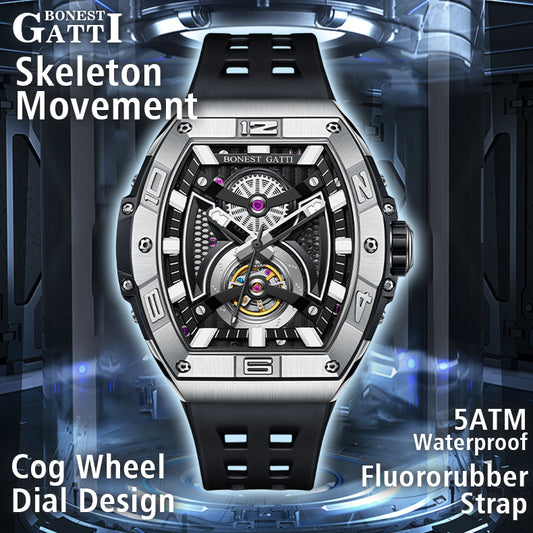 BONEST GATTI  361L Case Barrel shaped watch Skeleton Movement Watch GB5701