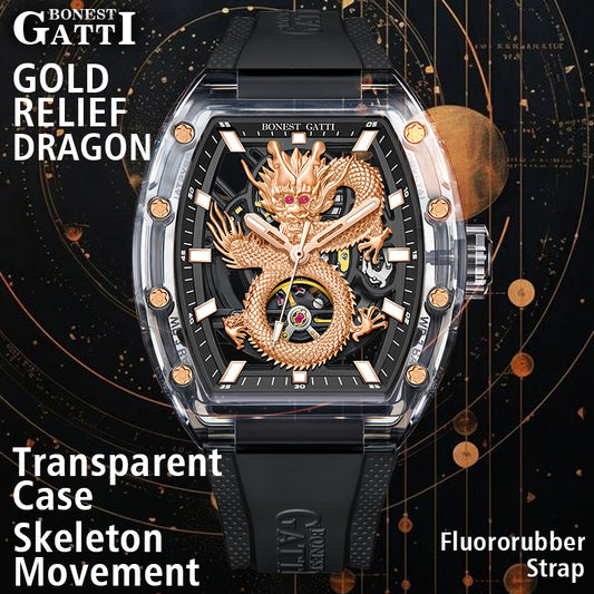 BONEST GATTI Transparent Case Dragon Barrel shaped Skeleton Movement Synthetic Sapphire Fluororubber Strap Watch Luminous GB9980