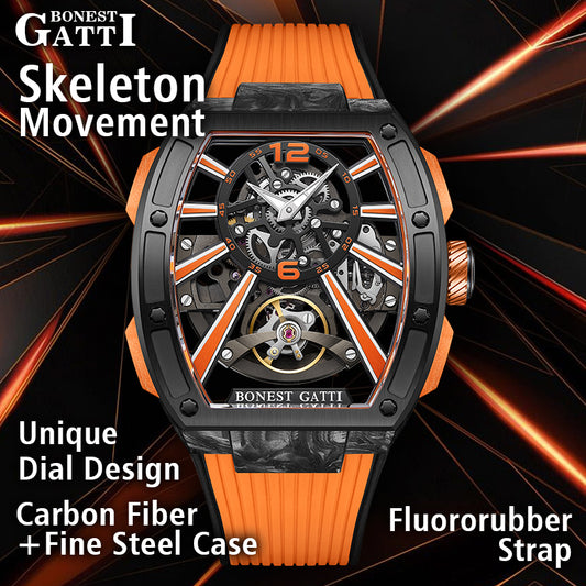 BONEST GATTI  Carbon fiber+fine Steel Case Barrel shaped sapphire crystal watch Skeleton Movement Watch BG9950