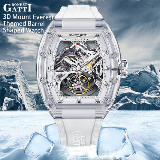 BONEST GATTI Crystal Case 3D MOUNTAIN MOUNTEVEREST Tonneau shaped Skeleton Movement K9 Crystal Case Fluororubber Strap Watch Luminous GB6001