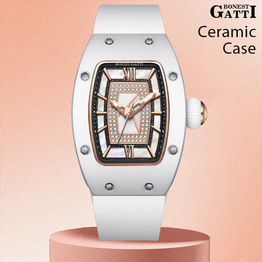 BONEST GATTI Ceramic Case Mother-of-pearl 80 Zirconia Stones Dial Women's Mechanical Watch Luxury Brand  Sapphire Rubber Glass Ladies Automatic Waterproof Girl Wristwatch BG9906-L
