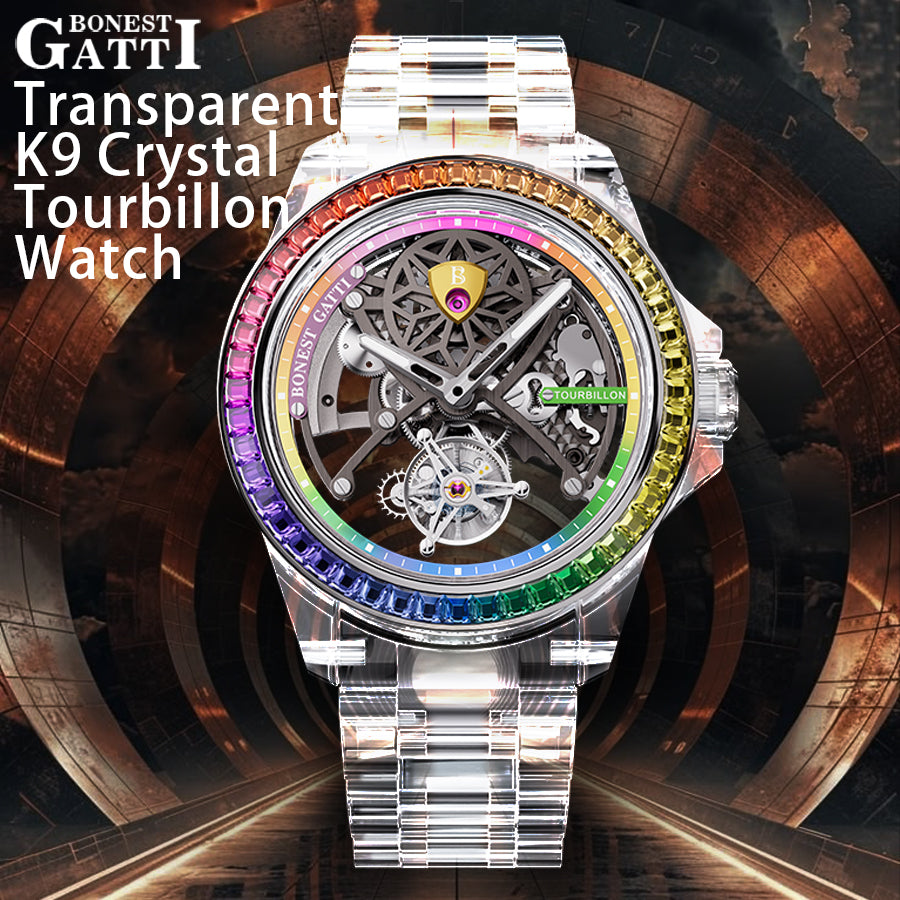 BONEST GATTI Automatic Tourbillon Movement transparent K9 cryatal Case Skeleton Dial Sapphire Crystal Rainbow Bezel K9 CRYATL Bracelet 3ATM Waterproof Luminous BG7002