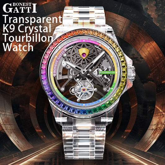 BONEST GATTI  Automatic Tourbillon Movement transparent K9 cryatal Case Skeleton Dial Sapphire Crystal Rainbow Bezel K9 CRYATL Bracelet 3ATM Waterproof Luminous BG7002
