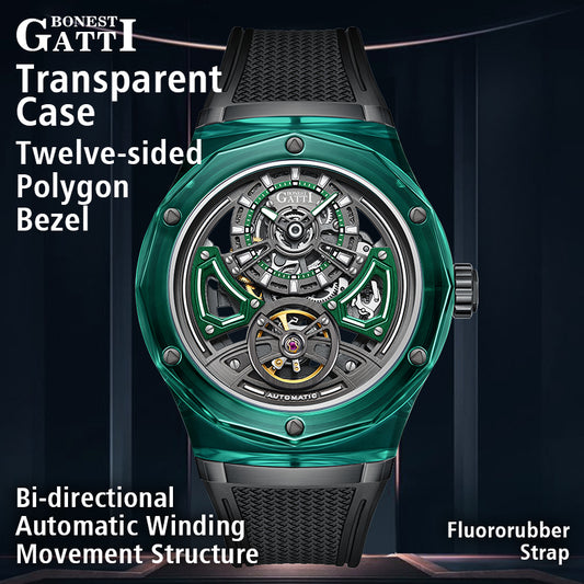 BONEST GATTI  Transparent Case Dodecagon Bezel Automatic Skeleton Movement Round Shaped Fluororubber Strap Watch BG5807