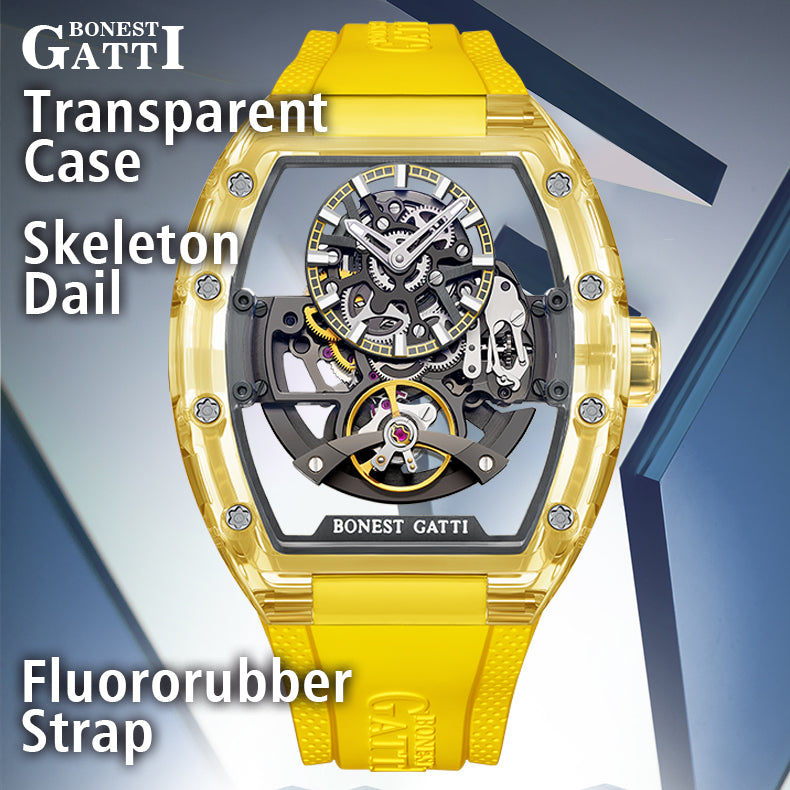 BONEST GATTI Barrel shaped K9 Crystal case Skeleton Movement Fluororubber Strap Watch Luminous BG9960