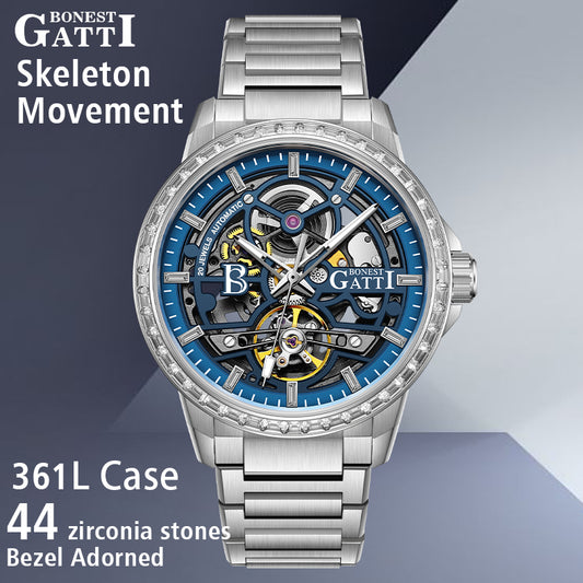 BONEST GATTI  44 Zirconia Stones Bezel Crystal Sapphire Automatic Movement Round Shaped 316L Case Skeleton 5ATM Watch BG8803