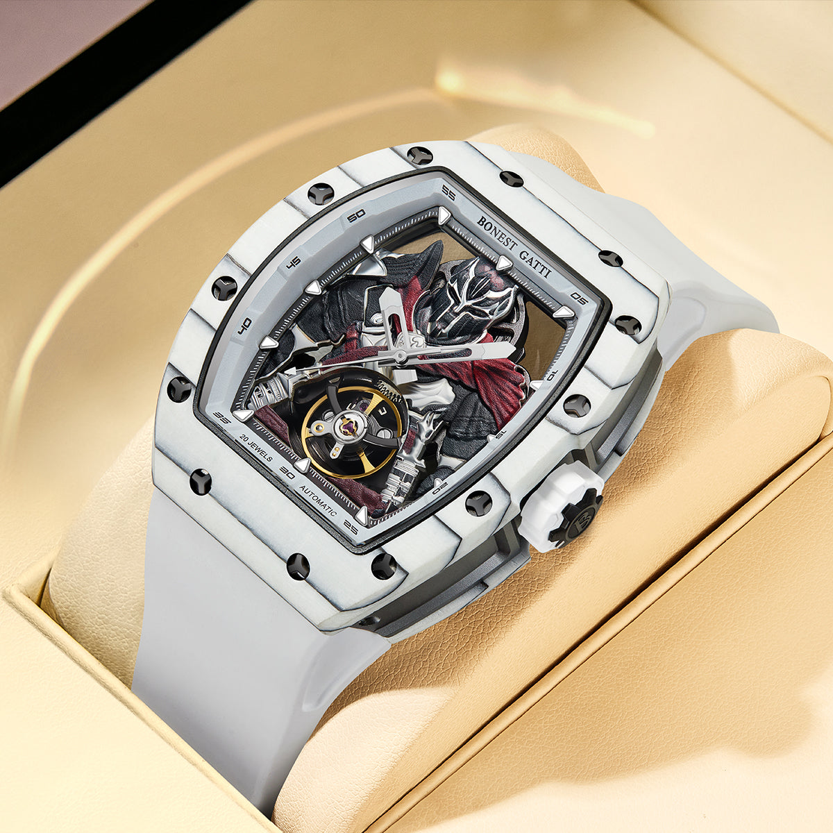 BONEST GATTI Automatic Tonneau Watch Spartan Warrior Series Carbon Fiber Skeleton Self Wind Movement Sapphire Crystal Luminous Watch BG9009