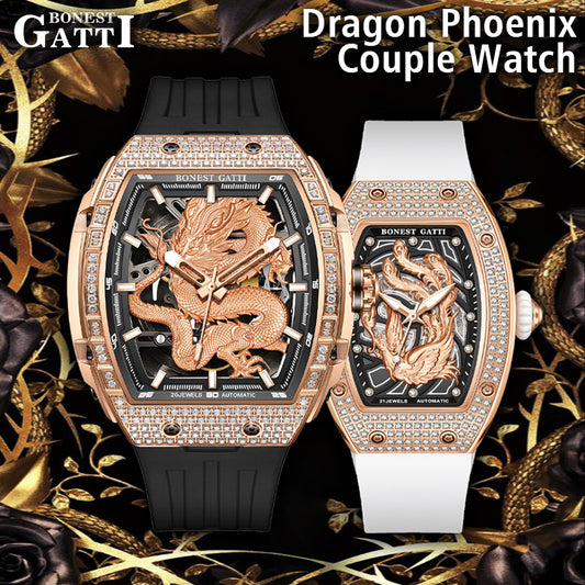BONEST GATTI Barrel Dragon & Phoenix Couple Watch Automatic Mechanical Movement Luminous BG9910