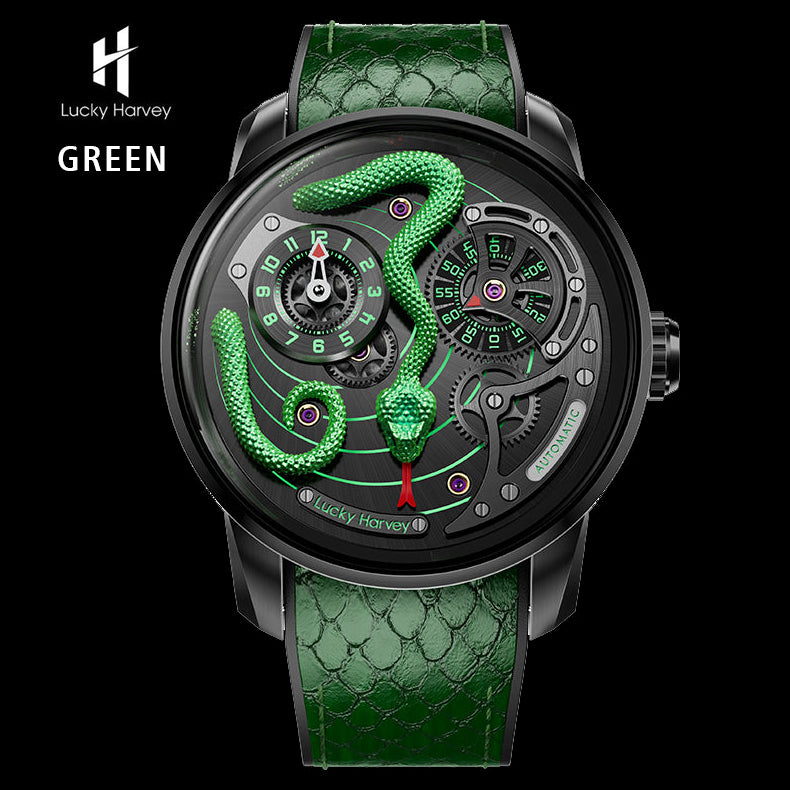 Lucky Harvey Awakening of Insects Silver/Green Snake Automaton Automatic Watch