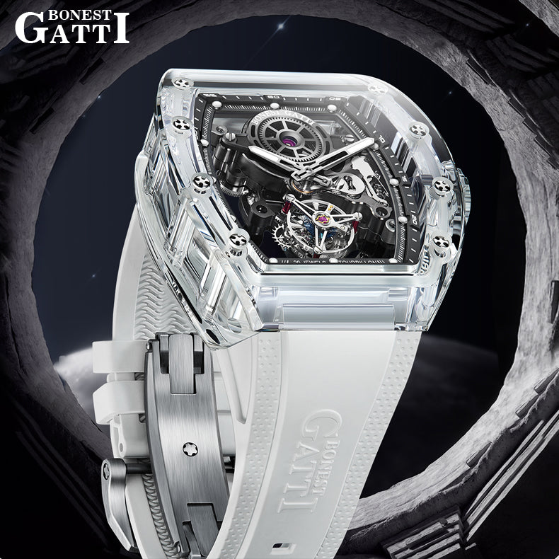 BONEST GATTI Tourbillon K9 Crystal Transparent Case Tonneau watch Skeleton Movement  Watch Fluororubber Strap BG7001