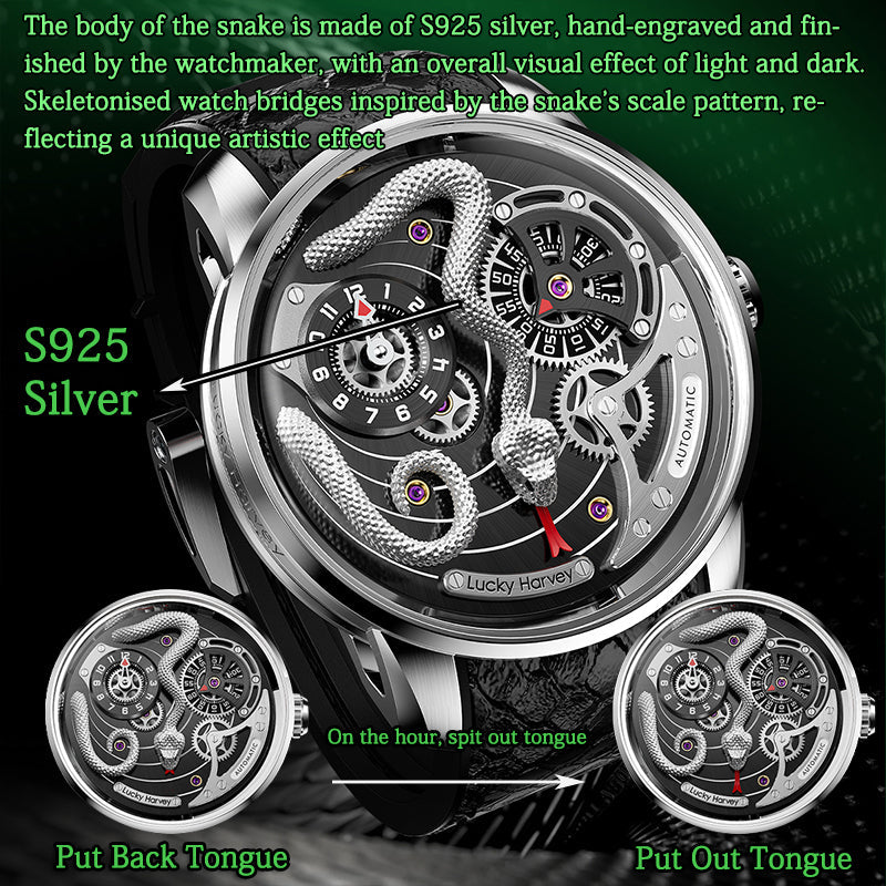 Lucky Harvey Awakening of Insects Silver/Green Snake Automaton Automatic Watch