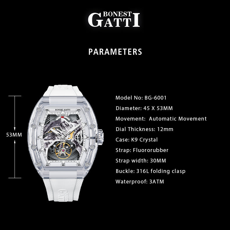 BONEST GATTI Crystal Case 3D MOUNTAIN MOUNTEVEREST Tonneau shaped Skeleton Movement K9 Crystal Case Fluororubber Strap Watch Luminous GB6001