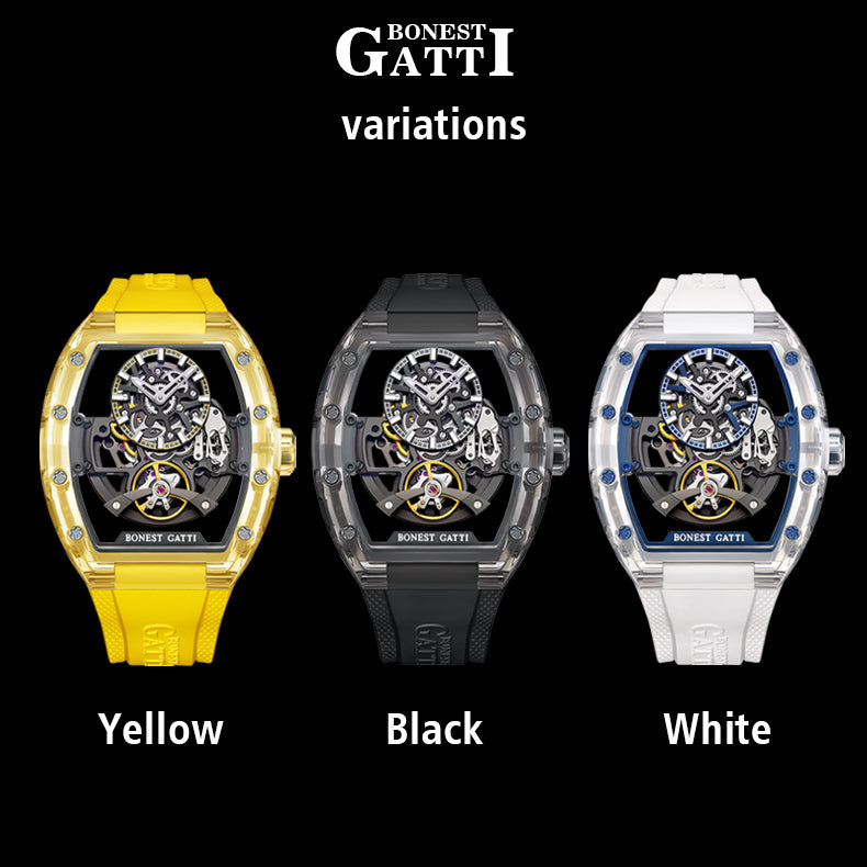 BONEST GATTI Barrel shaped Skeleton Movement Synthetic Sapphire Fluororubber Strap Watch Luminous BG9960