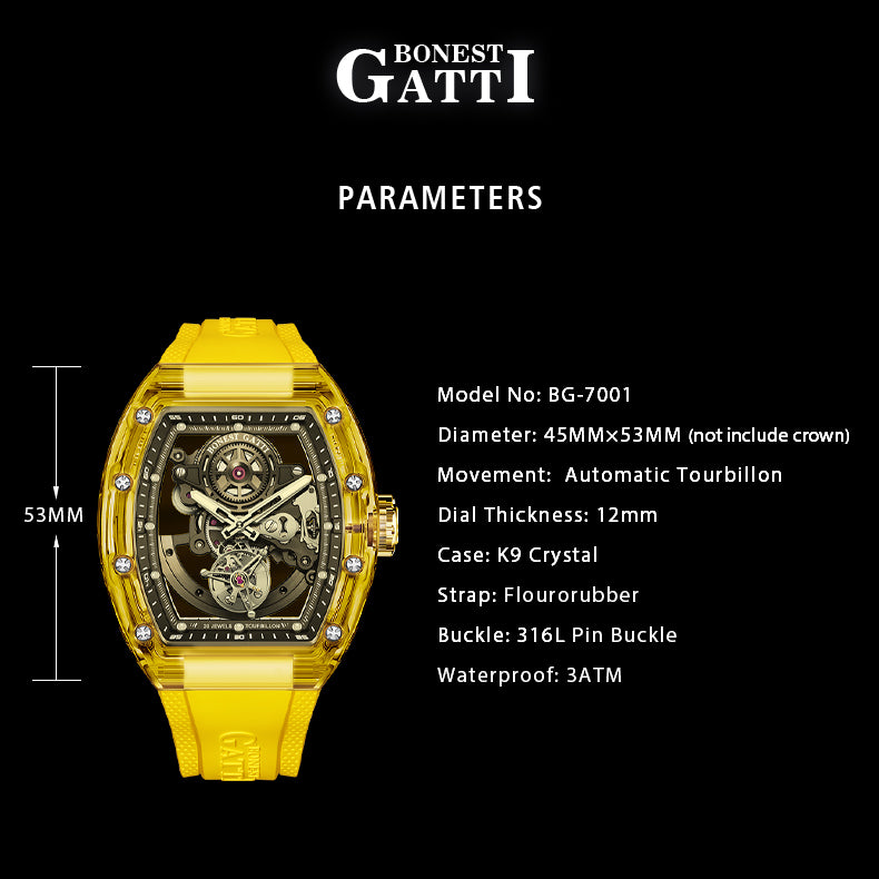 BONEST GATTI Tourbillon K9 Crystal Transparent Case Tonneau watch Skeleton Movement  Watch Fluororubber Strap BG7001