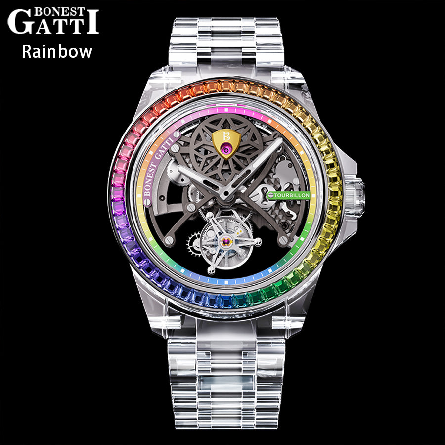 BONEST GATTI Automatic Tourbillon Movement transparent K9 cryatal Case Skeleton Dial Sapphire Crystal Rainbow Bezel K9 CRYATL Bracelet 3ATM Waterproof Luminous BG7002