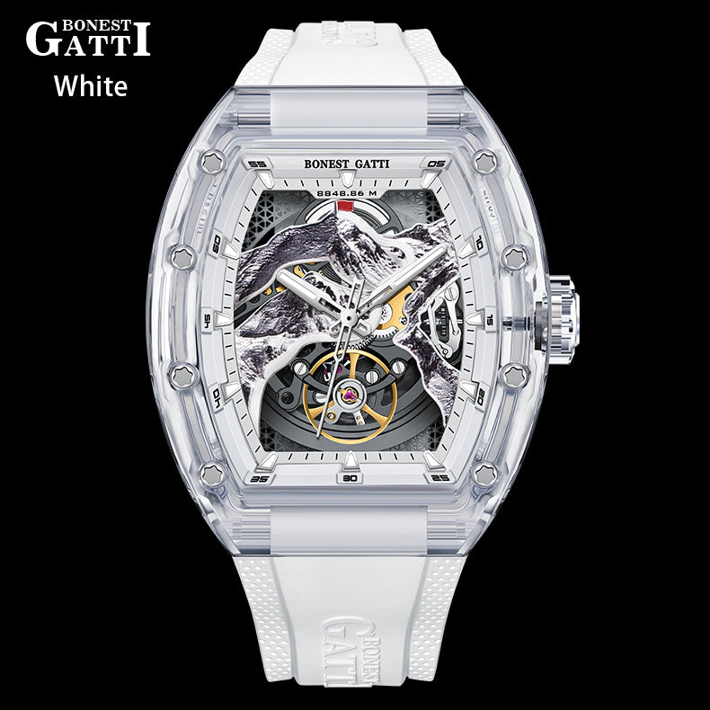 BONEST GATTI Crystal Case 3D MOUNTAIN MOUNTEVEREST Tonneau shaped Skeleton Movement K9 Crystal Case Fluororubber Strap Watch Luminous GB6001
