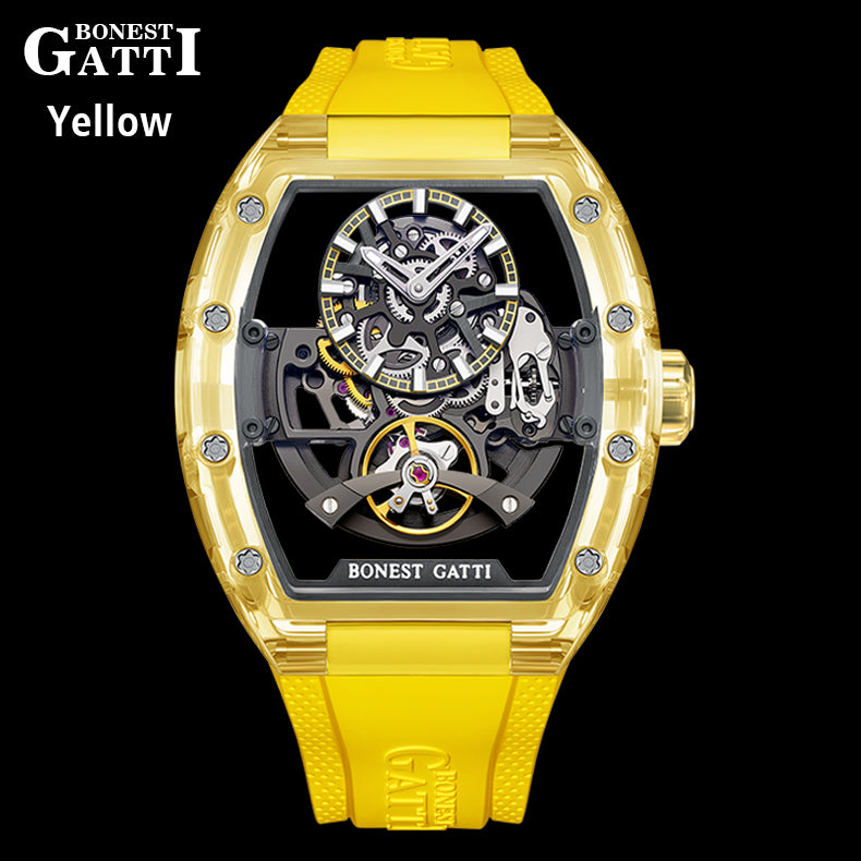 BONEST GATTI Barrel shaped K9 Crystal case Skeleton Movement Fluororubber Strap Watch Luminous BG9960