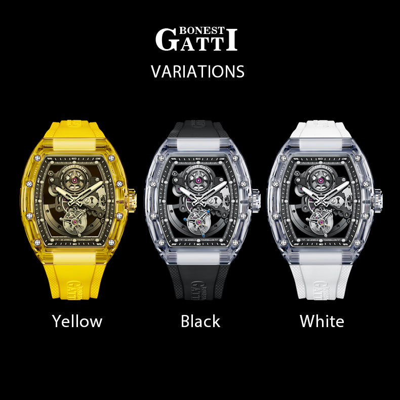 BONEST GATTI Tourbillon K9 Crystal Transparent Case Tonneau watch Skeleton Movement  Watch Fluororubber Strap BG7001