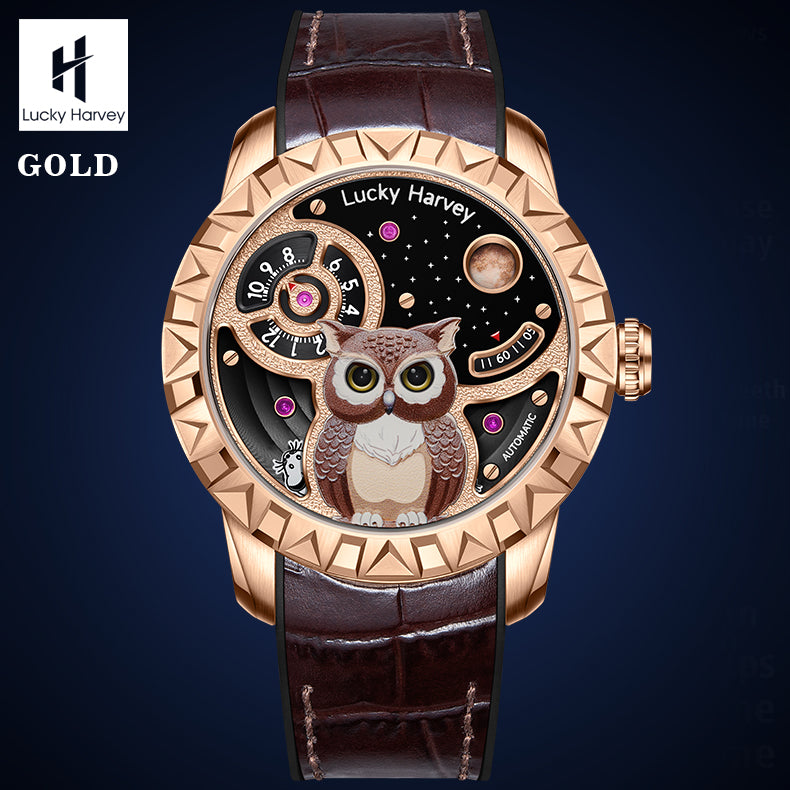 LUCKY HARVEY OWL Automaton Automatic Watch Round shaped Case Luminous