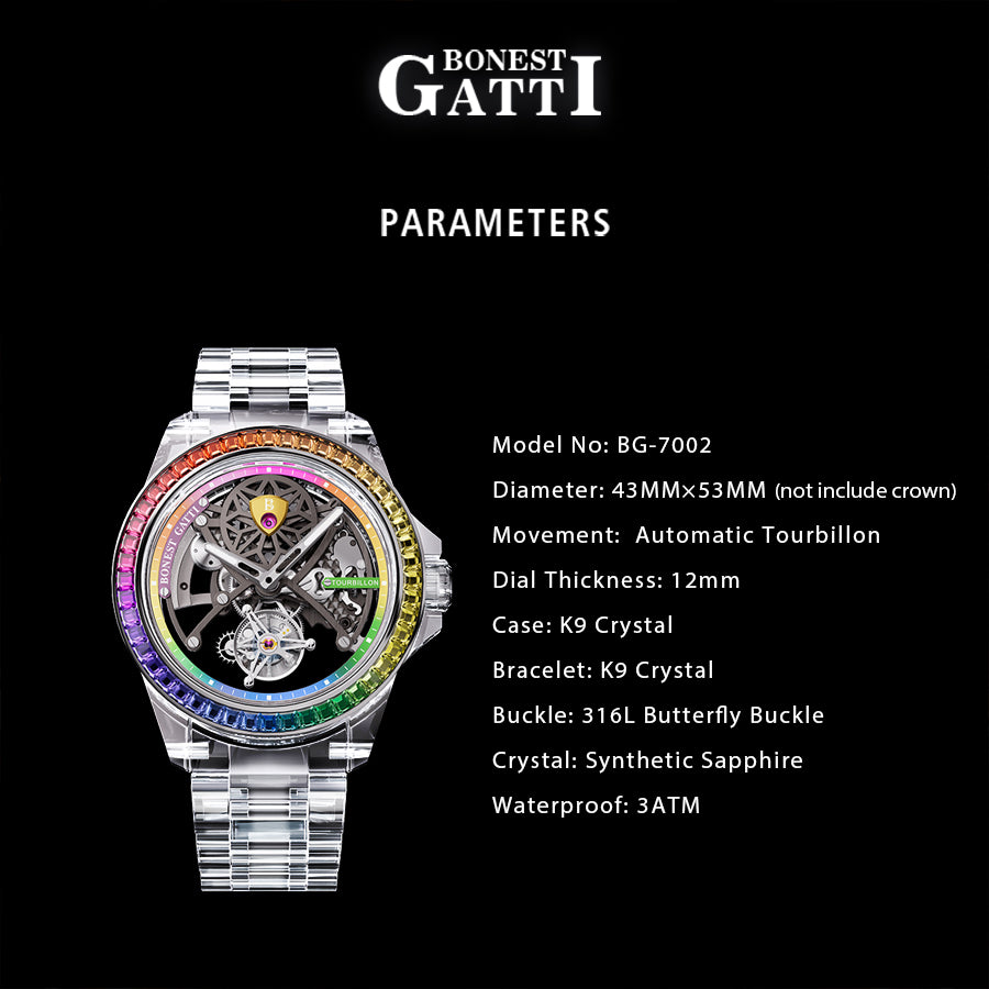 BONEST GATTI Automatic Tourbillon Movement transparent K9 cryatal Case Skeleton Dial Sapphire Crystal Rainbow Bezel K9 CRYATL Bracelet 3ATM Waterproof Luminous BG7002