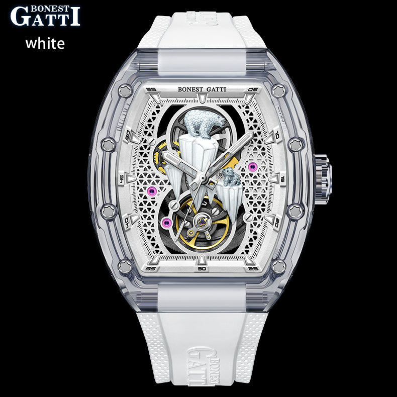 BONEST GATTI Crystal Case 3D Polar Bear Tonneau shaped Skeleton Movement K9 Crystal Case Fluororubber Strap Watch Luminous GB6002