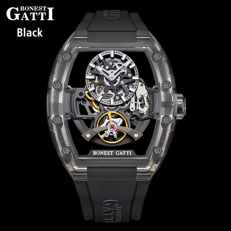 BONEST GATTI Barrel shaped K9 Crystal case Skeleton Movement Fluororubber Strap Watch Luminous BG9960