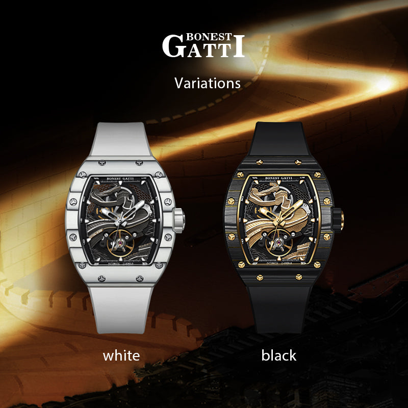 BONEST GATTI Carbon fiber + Aluminum alloy Case Barrel shaped Relief 3D Great Wall pattern Skeleton Movement Sapphire Crystal Watch BG9003